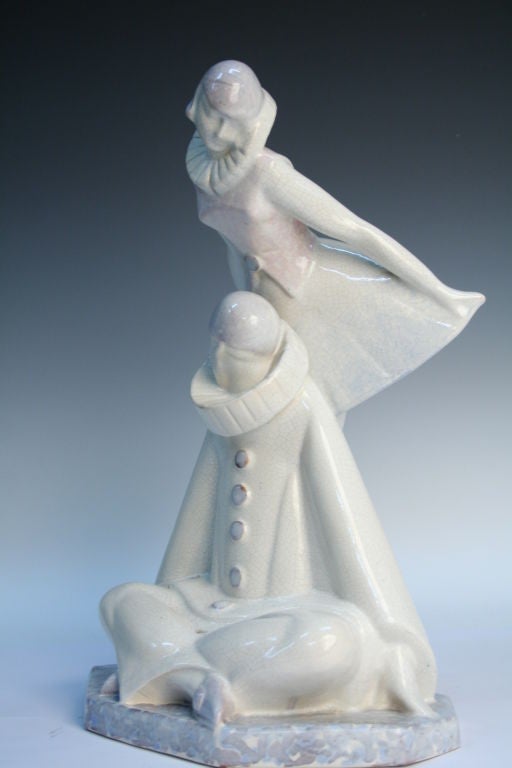 Art Deco Beautiful Porcelain Pierrot Statue by Pierre Le Faguay For Sale