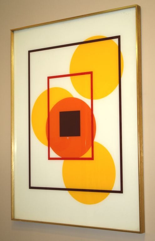 A colorful Mid-Century geometric abstract silk screen reverse painted on glass using warm tones of burnt orange, ochre and deep brown.

Reduced from $1600.00
