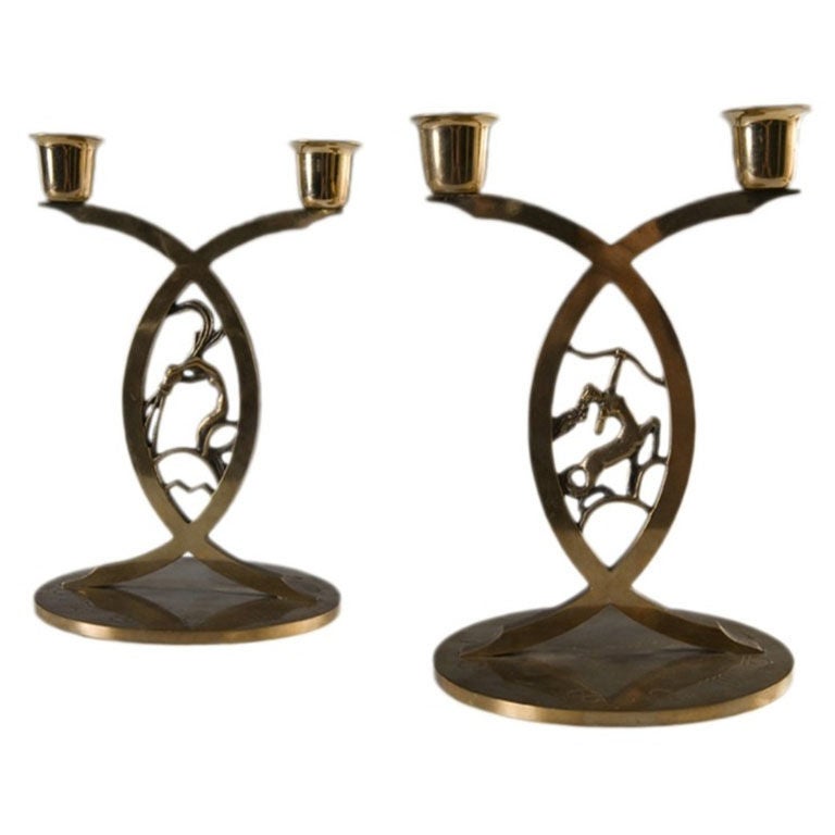 Pair Paul Niles Astrological Two-Light Candleholders, 1930s For Sale