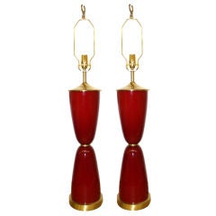 Vintage Pair Mid Century Murano  Handblown Table Lamps in Deep Red