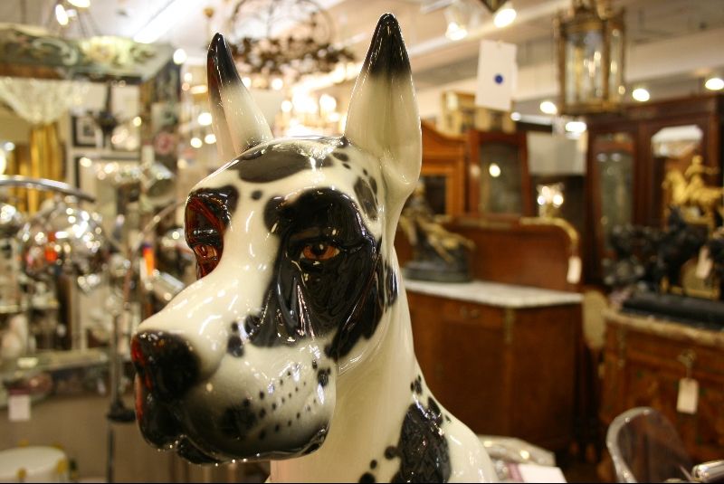 Large, but smaller than life-size, ceramic statue of a harlequin coated great dane. Stamped DAISA 1984 on bottom.<br />
<br />
Reduced From: $1750<br />
Reduced From: $1750