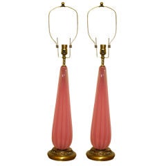 Used Pair Pink Ribbed Murano Table Lamps from Tilden Thurber Co