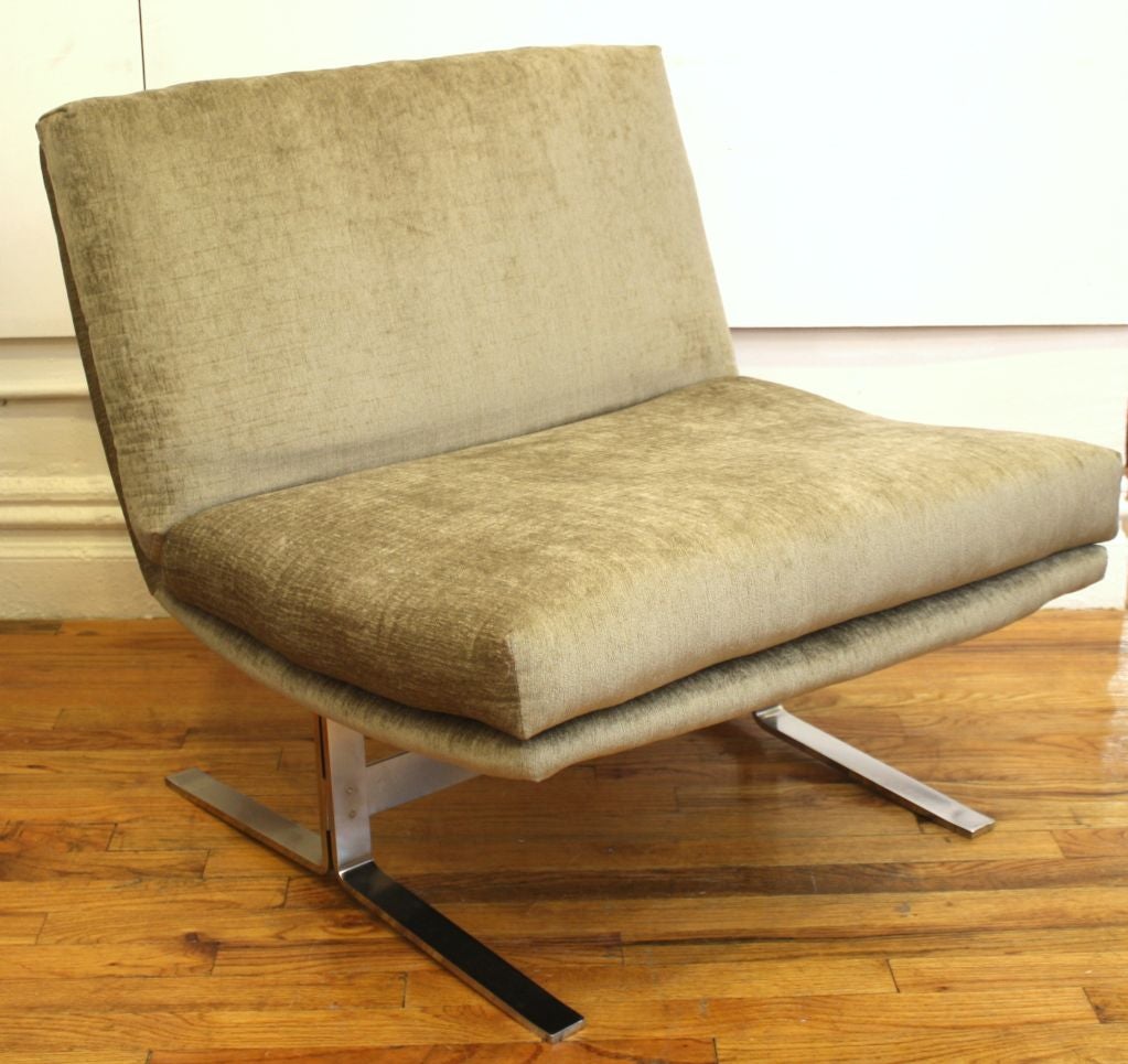 A sleek modern slipper chair in crush velvet with chrome feet by mid-century design house CRAFT Associates; newly re-upholstered.<br />
<br />
Reduced From: $2400