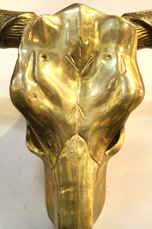 Mid Century Brass Memento Mori Longhorn Skull Sculpture 1