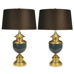 Vintage Pair of Mid Century Brass and Enamel Federal Style Lamps