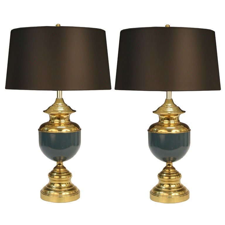 Pair of Mid Century Brass and Enamel Federal Style Lamps
