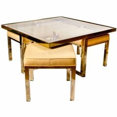 Mid Century Glass and Brass Coffee Table w/ Four Stools