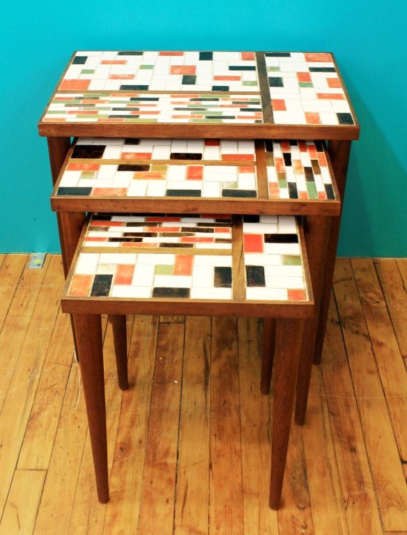 Walnut Set of Three Danish Modern Mid Century Tiled Nesting Tables