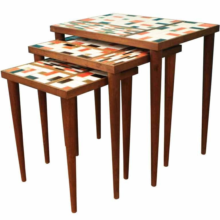 Set of Three Danish Modern Mid Century Tiled Nesting Tables