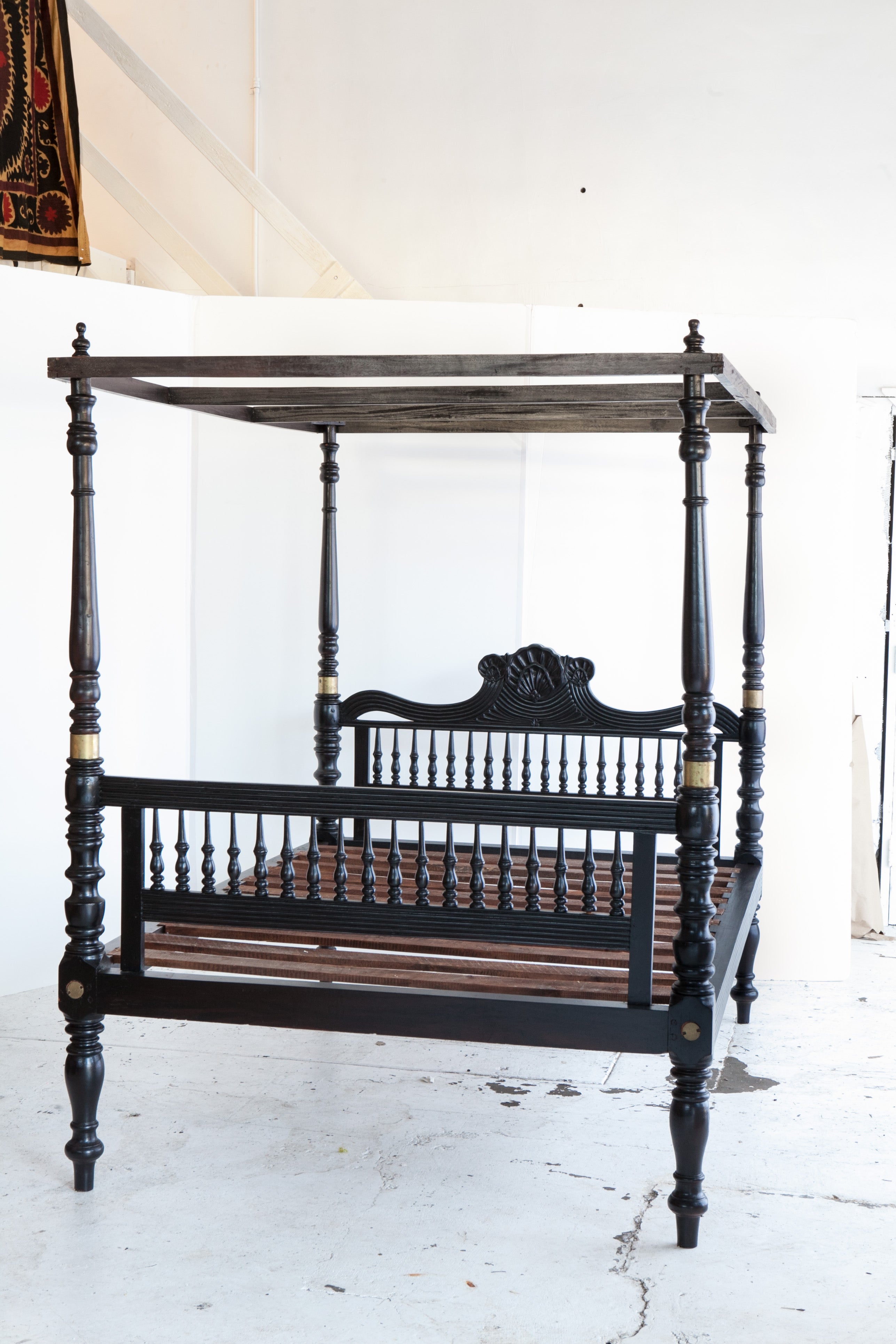 British Colonial Ebonized Teak Four-Poster Bed For Sale