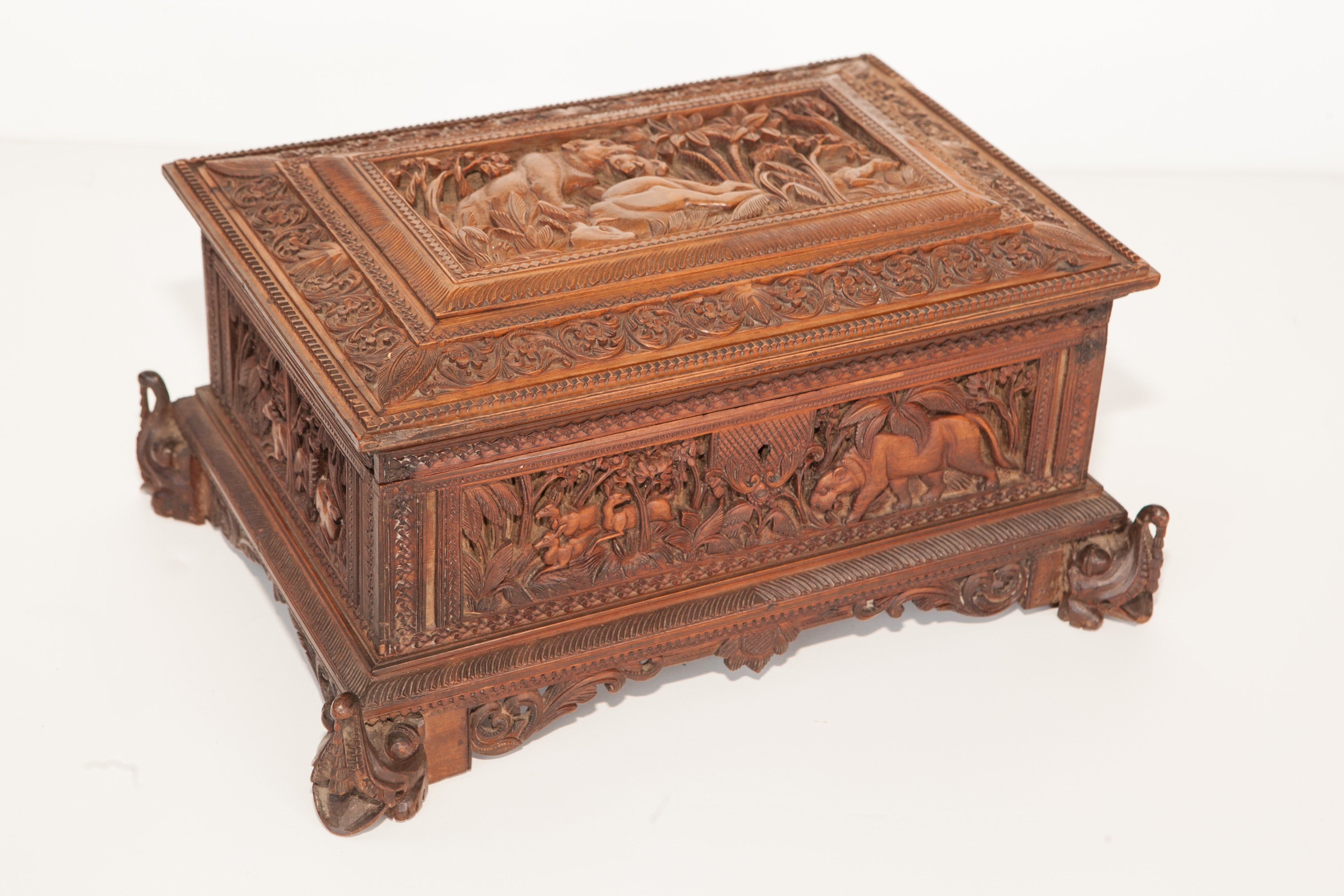 South Indian Sandalwood Jewelry Box with Elaborate Carving at 1stDibs