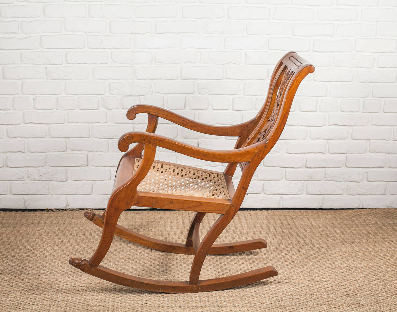 Indo-Portuguese Teak Rocking Chair with Caned Seat For Sale 2