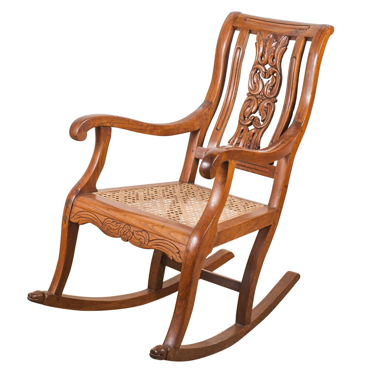 Indo-Portuguese Teak Rocking Chair with Caned Seat For Sale