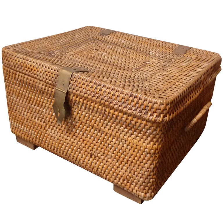 Rattan Picnic Basket with Brass Hardware and Inner Drawer at 1stdibs