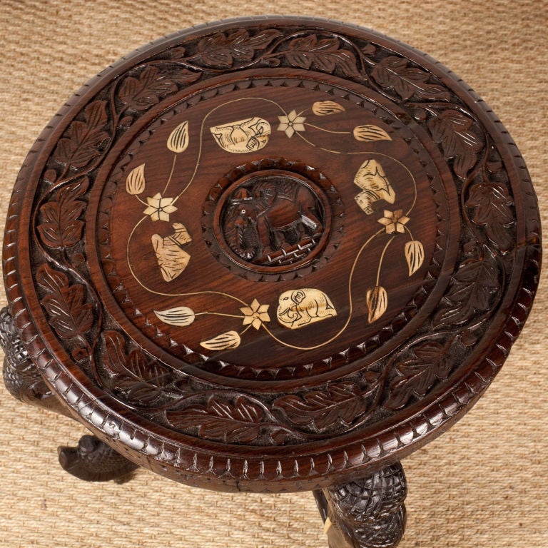 Indian Rosewood Side Table with Stylized Elephant Legs and Bone Inlay