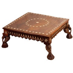 Anglo-Indian Teak Footstool with Ivory Inlay and Peacock Legs