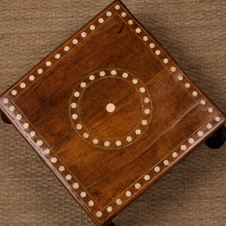 Anglo-Indian Teak Footstool with Ivory Inlay and Peacock Legs