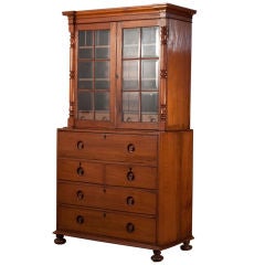 Anglo-Indian Secretaire in Teak with Glass Doors and Drawers