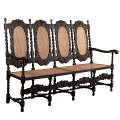 Anglo-Indian Rococo Style Teak Bench with Caned Seat