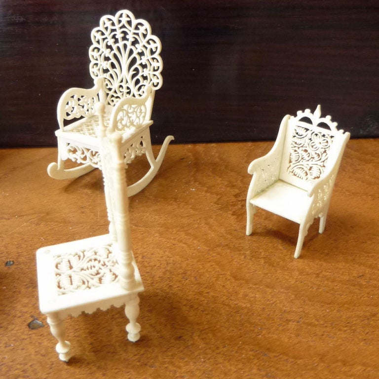 Indian Intricately Carved Set of Nine Miniature Bone or Ivory Furniture