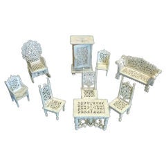 Intricately Carved Set of Nine Miniature Bone or Ivory Furniture