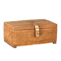 Antique Woven Rattan Lidded Basket with Brass Hardware and Wood Feet