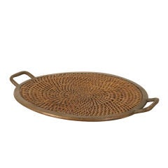 Antique Woven Rattan Tray with Brass Handles and Trim