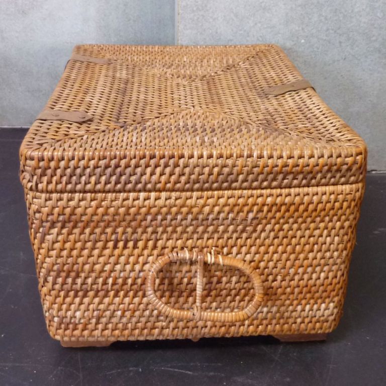 Folk Art Rattan Picnic Basket with Brass Hardware