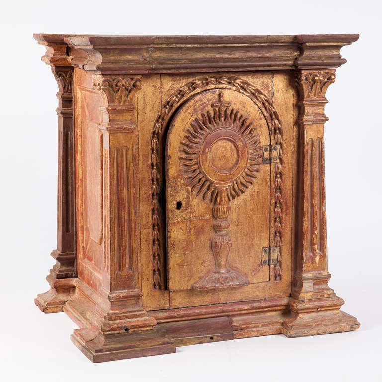 Indo-Portuguese tabernacle from the West Coast of India. Extensive wood moldings and carvings, outside surface has a remnant gilded surface.