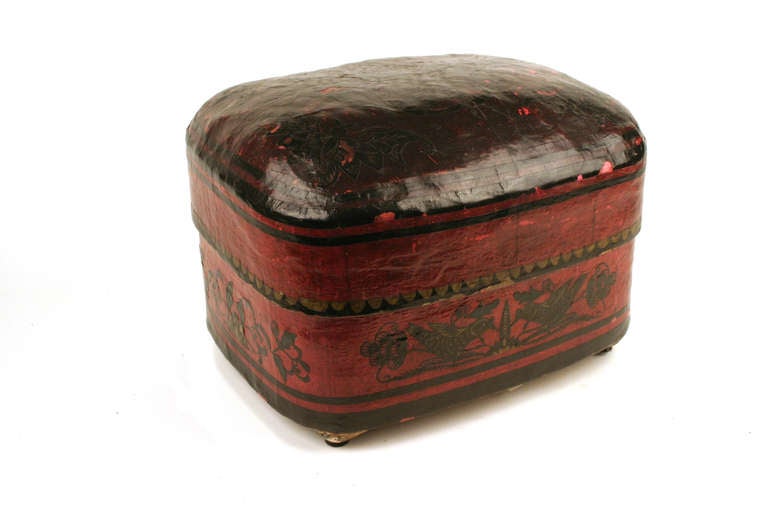 This Jiangxi Papier Mâché Box is hand made of red and black paper.  There are intricate cut outs of paper layered on the top and sides of the box. It is from the Jiangxi province of China which is located in the southeast part of the country.