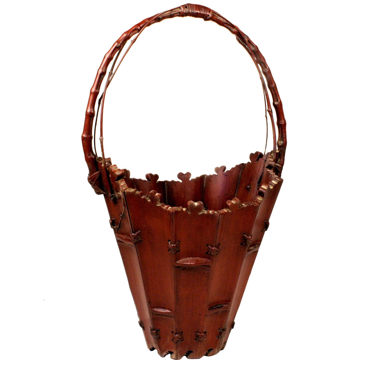 Red Lacquer Bamboo Basket with Handle For Sale