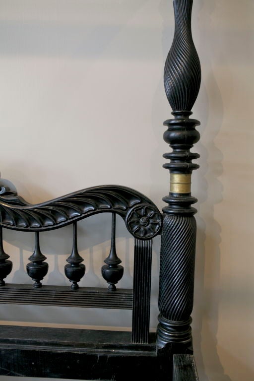 Brass Rare Indo-Dutch Ebony Four Poster Bed with Fluted Legs