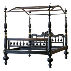 Rare Indo-Dutch Ebony Four Poster Bed with Fluted Legs