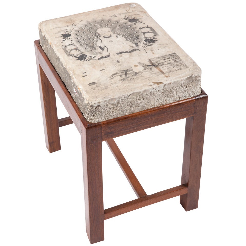 Indian Lithographed Stone Table and Teak Base For Sale