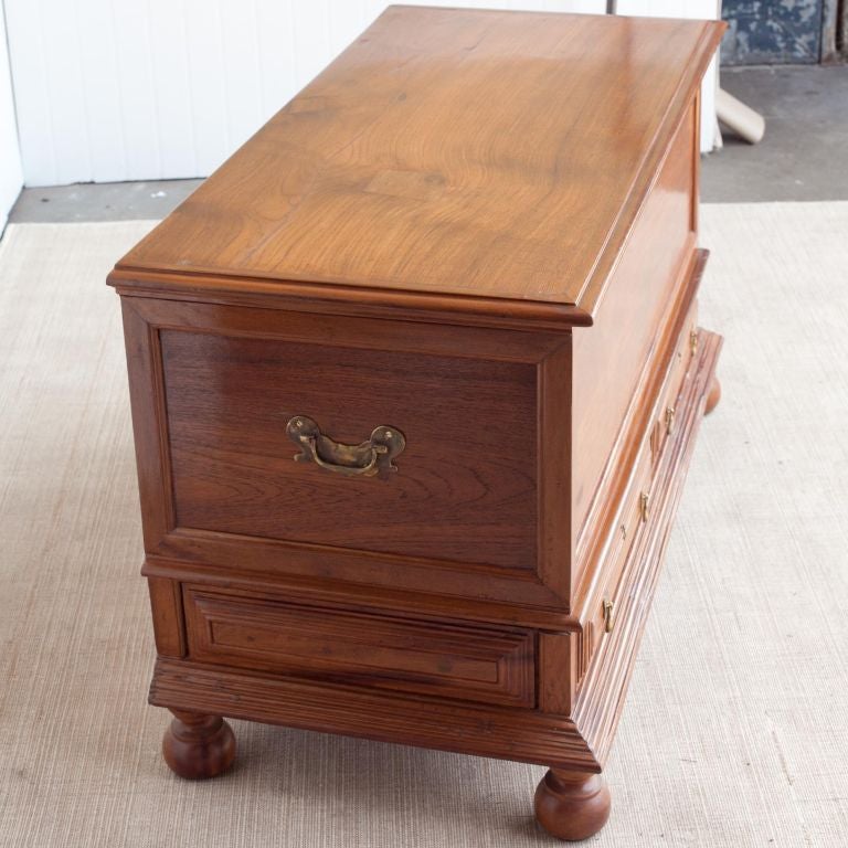 Anglo-Indian trunk constructed from teakwood. Lid opens to a spacious interior with a top right compartment. Two drawers on bottom pull open. Great for extra storage.