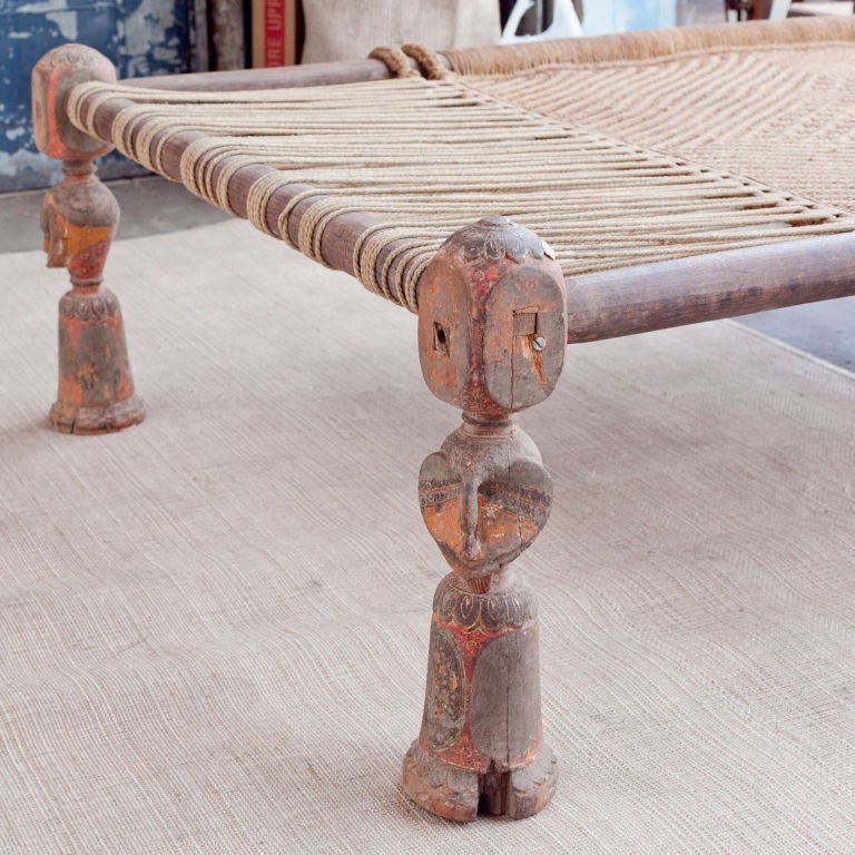Traditional Indian Charpoy or Daybed with Carved Peacock Legs 3
