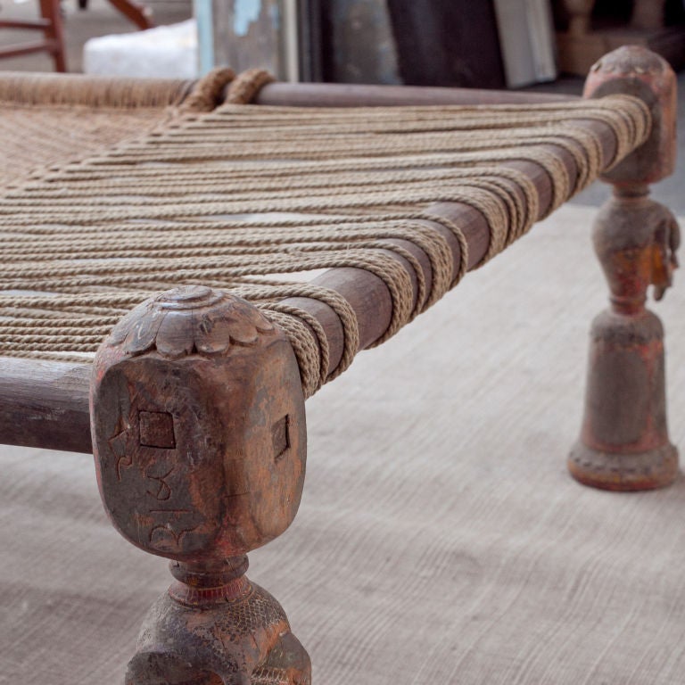 Traditional Indian Charpoy or Daybed with Carved Peacock Legs 4
