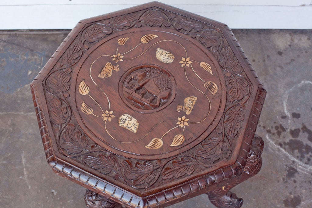 19th Century Anglo-Indian Solid Rosewood Elephant Table with Bone Inlay