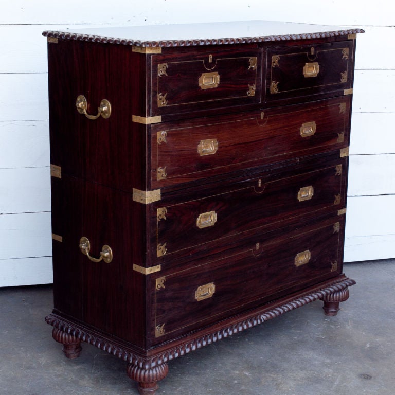 19th Century Anglo-Indian Solid Rosewood Campaign Chest with Brass Inlay