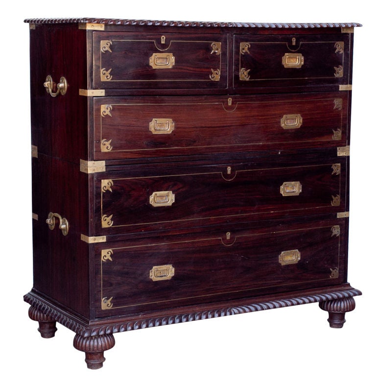 Anglo-Indian Solid Rosewood Campaign Chest with Brass Inlay