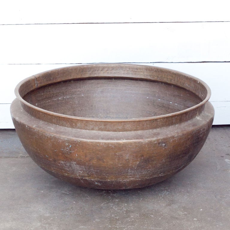 Solid brass cooking pot from southern India, excellent original patina. Makes a great planter or fire pit.