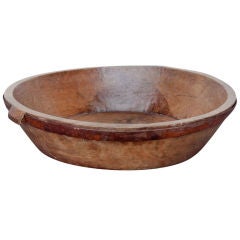 Large Hand Carved Wooden Bowl with Iron Ring