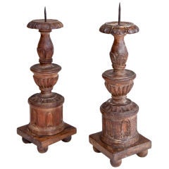 Vintage Pair of  Indo-Portuguese Carved Wood Candlesticks