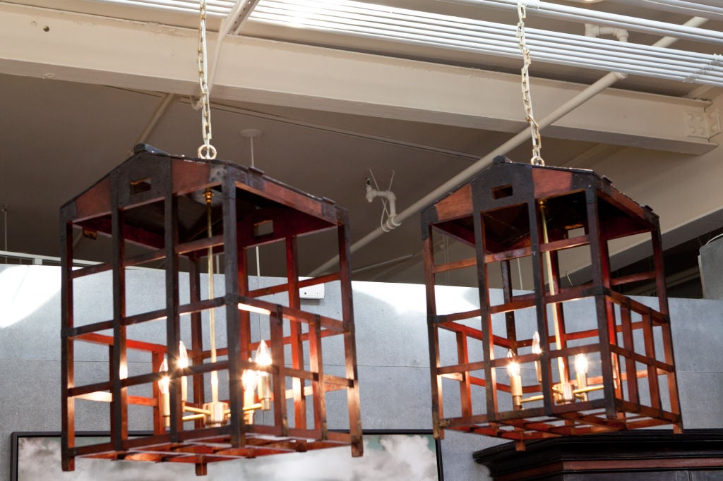 Lacquered Pair of Vintage Japanese Peddlers Cage as Chandeliers For Sale