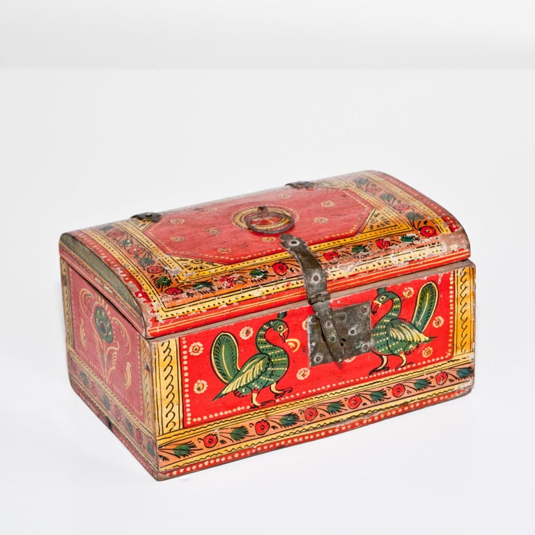 An Indo-Portuguese box with vegetable dye paints depicting the Hindu influence in Goan/Indo-Portuguese pieces. The box retains it's original 18th century hardware.