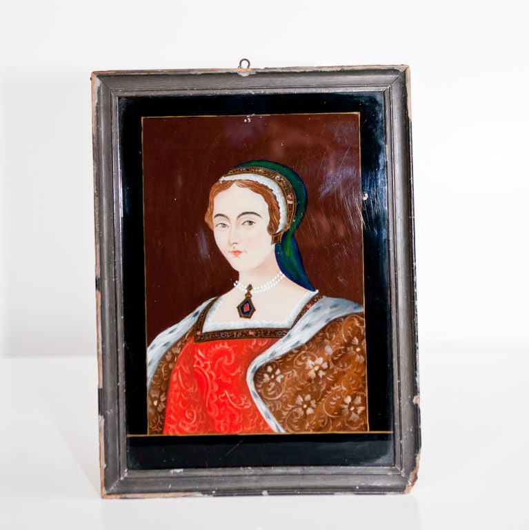 Rare Chinese reverse glass painting for the Portuguese export market. Queen Catherine of Braganza, signed with characters verso, bright polychrome colors. Catherine of Braganza was a Portuguese princess married to the King Charles II of England in