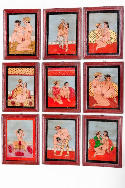 Erotic reverse painted glass paintings depicting scenes from the Kama Sutra. The paintings are examples of hundreds that covered the walls of a deposed Indian Prince. Simple wooden frames.