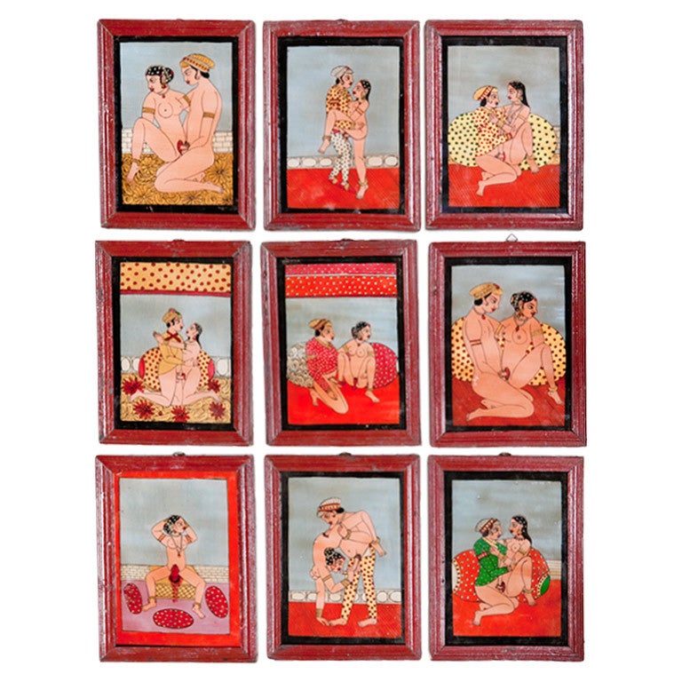Set of 9 Kama Sutra Paintings on Glass
