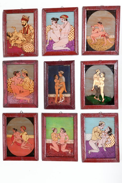 Erotic reverse painted glass paintings depicting scenes from the Kama Sutra. The paintings are examples of hundreds that covered the walls of a deposed Indian Prince. Simple wooden frames.