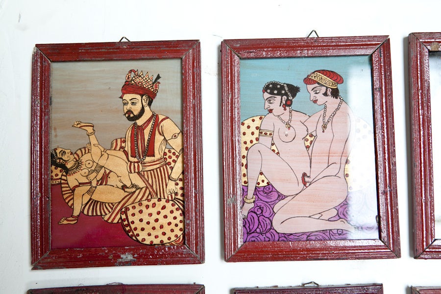 20th Century Kama Sutra Reverse Glass Paintings Set of 9